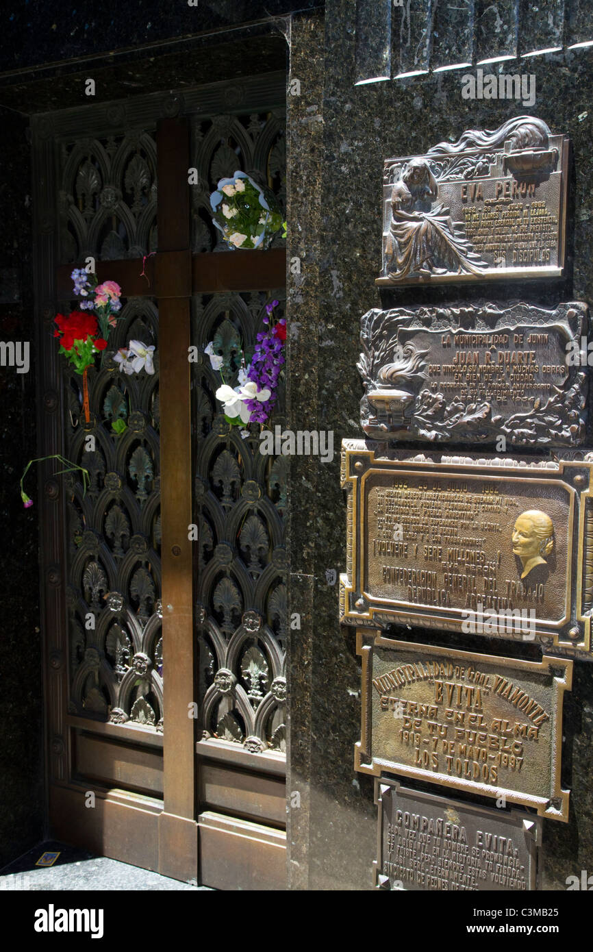 Bronze plaque marking Eva Peron mausoleum in La Recoleta Cemetery, Buenos Aires, Argentina. Stock Photo