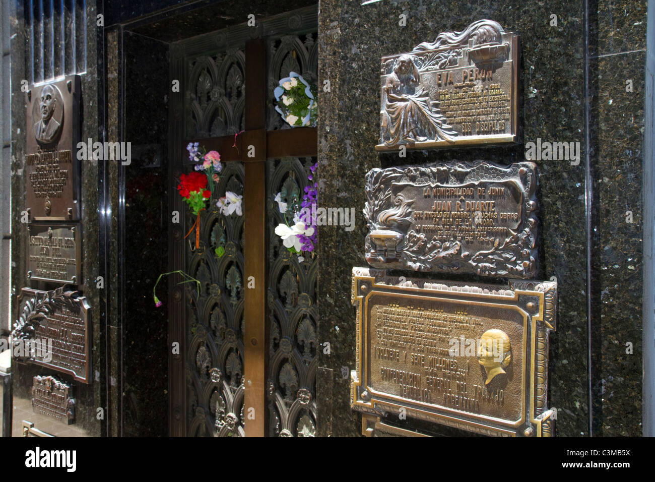 Bronze plaque marking Eva Peron mausoleum in La Recoleta Cemetery, Buenos Aires, Argentina. Stock Photo