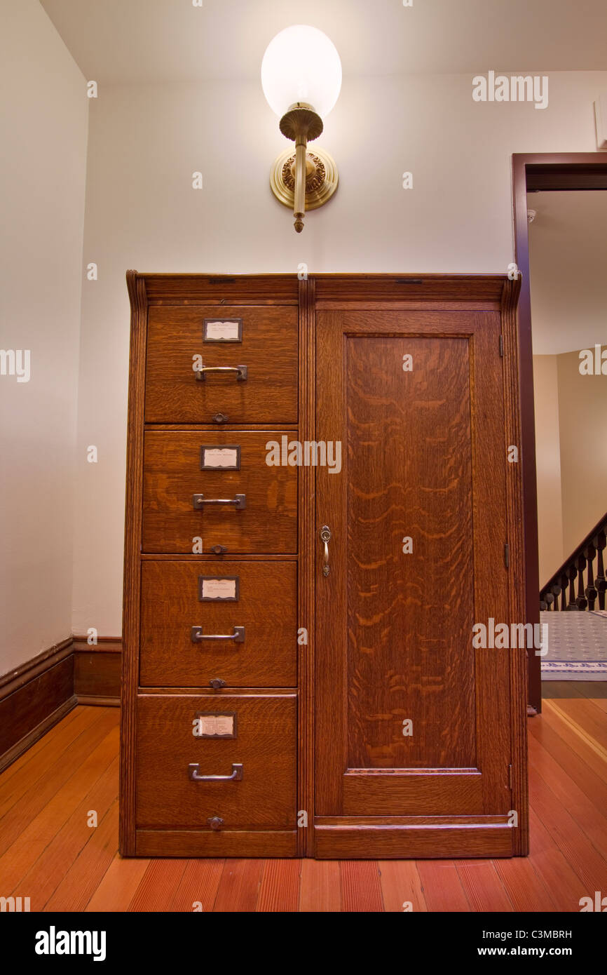 Antique Oak Filing Cabinet inside Historic Courthouse Stock Photo