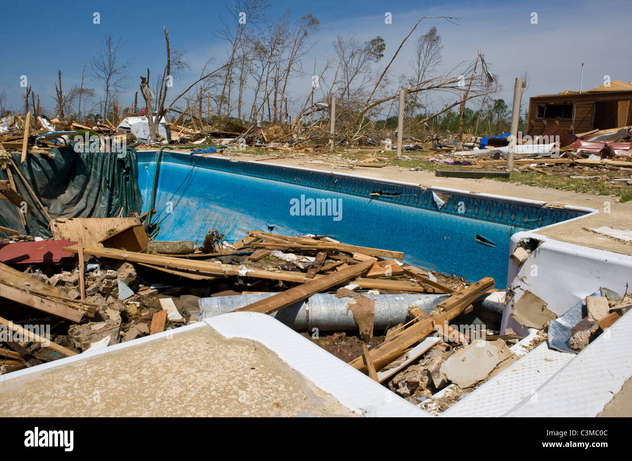 Destruction of home and swimming pool in Pleasant Grove, Alabama, Tornado, May 2011 Stock Photo
