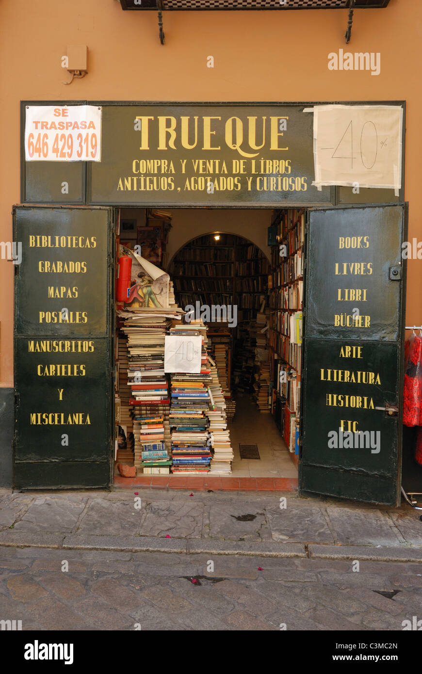 A second-hand bookshop in Santa Cruz, Seville, Spain. Stock Photo