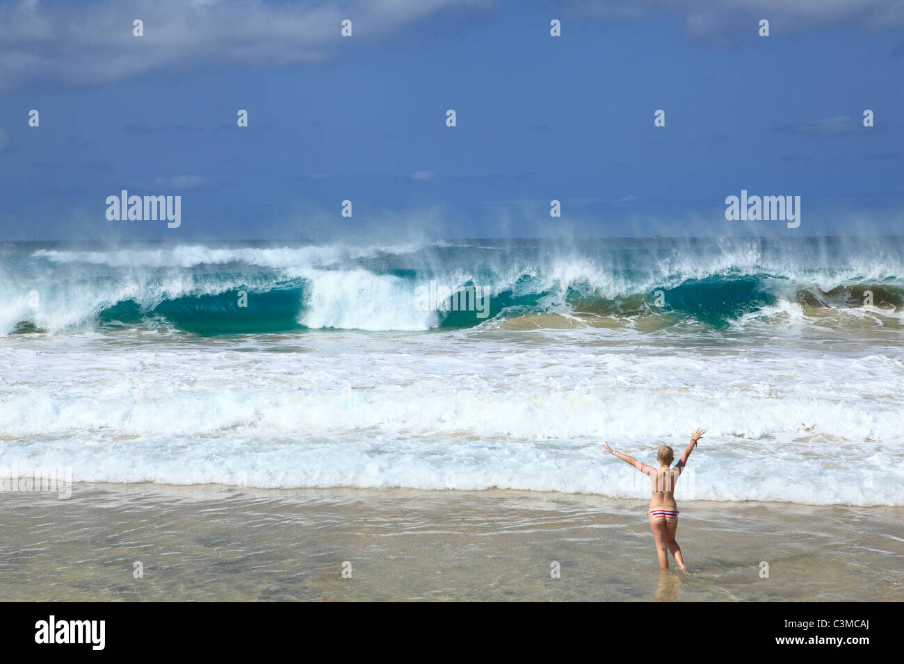 Africa, Cape Verde, Sal, Girl enjoying at atlantic ocean Stock Photo