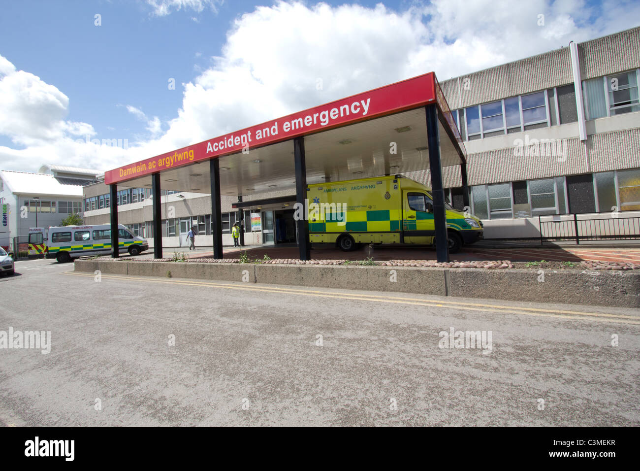 Accident and Emergency Department, Ysbyty Glan Clwyd, Wales, with ambulances outside Stock Photo
