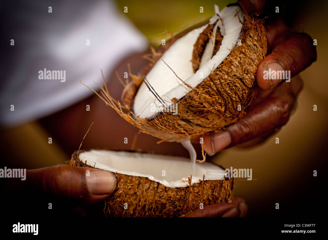 Fijian waiter serving freshly cracked coconut milk, Malolo Island Resort, Fiji Islands Stock Photo