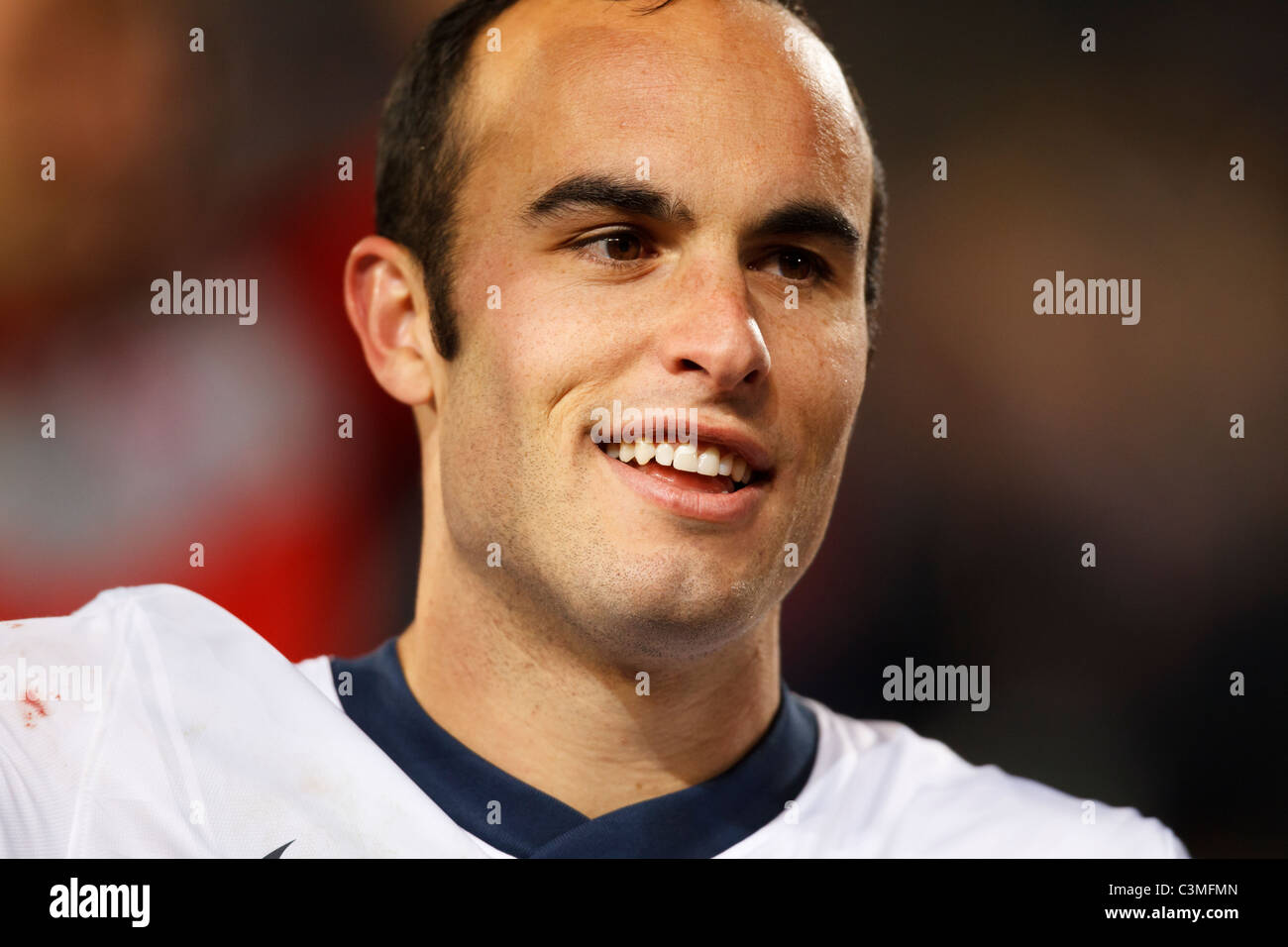 Landon Donovan of the United States smiles after a World Cup match in which he scored a dramatic late goal to defeat Algeria. Stock Photo