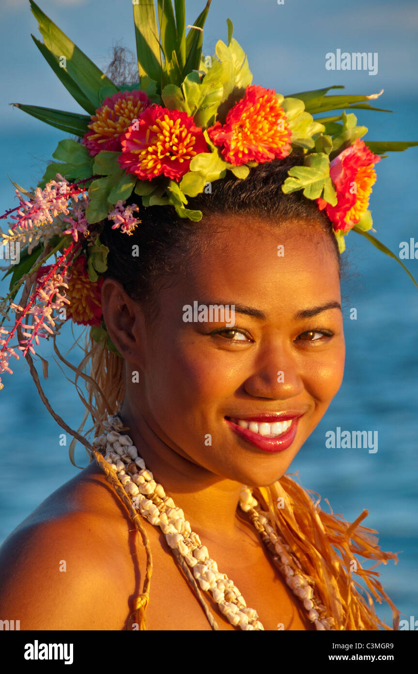 Beautiful Polynesian Fire Dancer Tarequci Vulanono performing at the Shagri-La Resort. Coral Coast, Viti Levu Island, Fiji Stock Photo