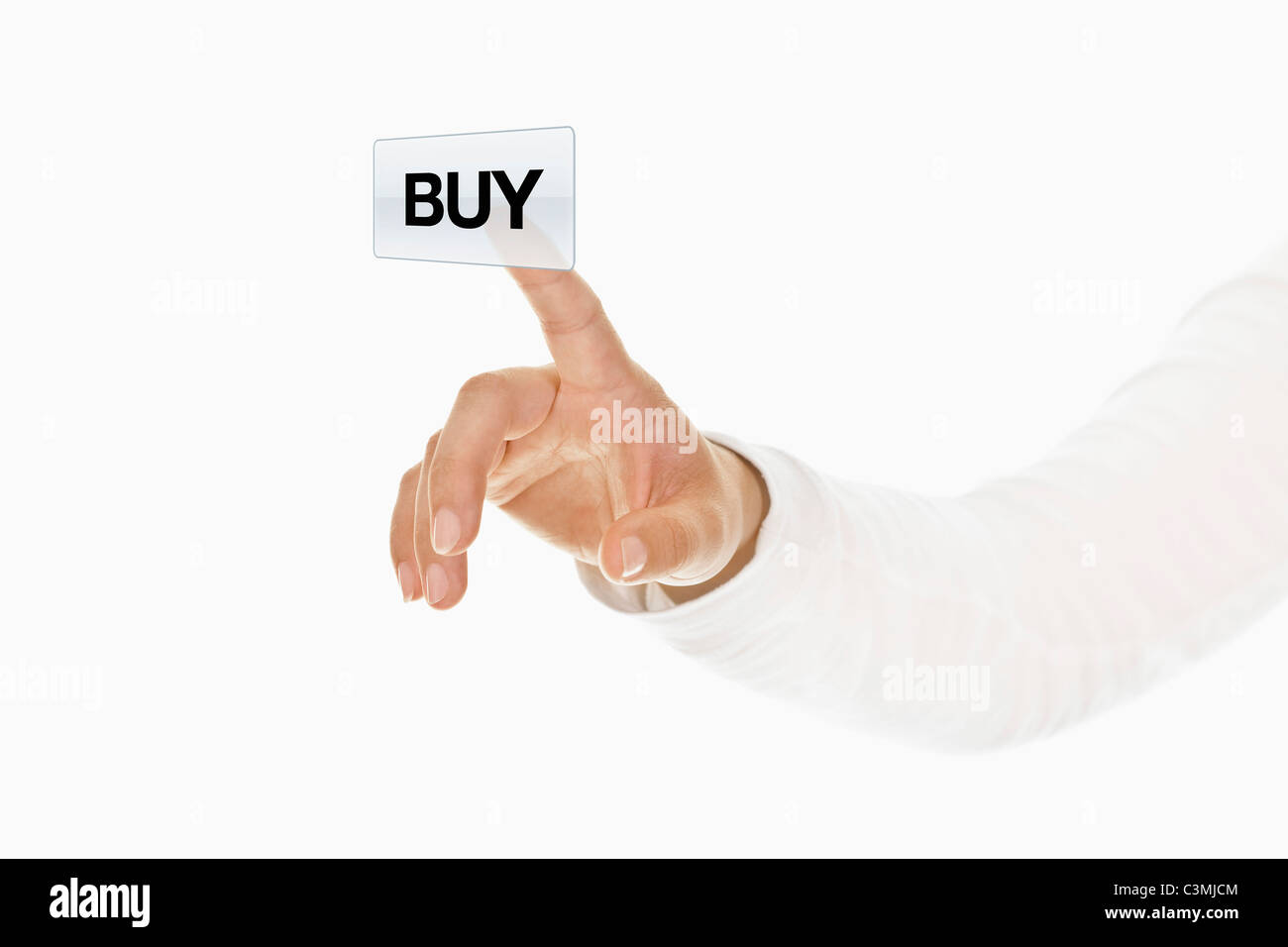 Human hand touching buy button Stock Photo