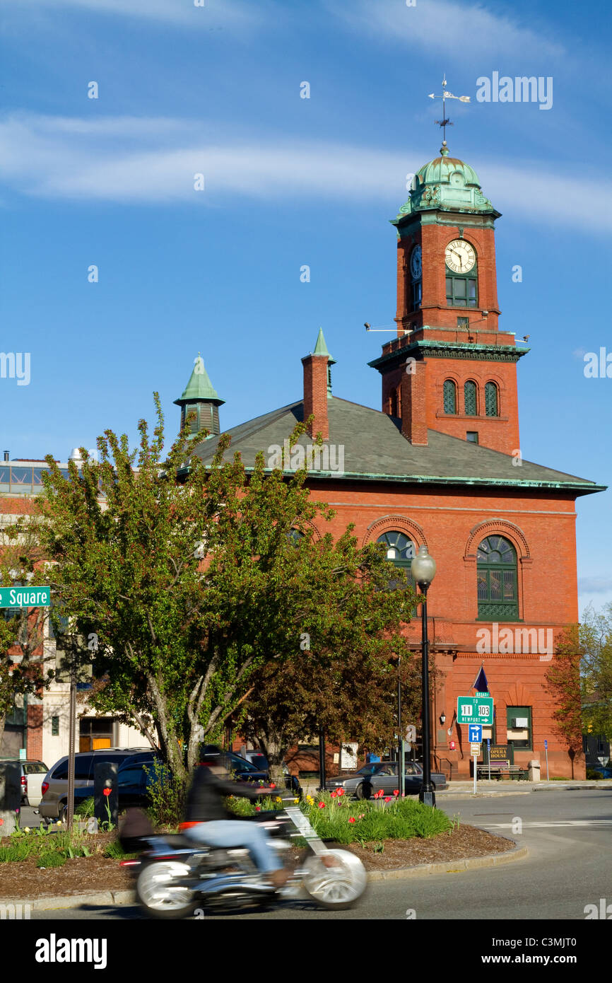 Motorcycle touring Claremont, NH Opera House in spring sun. New