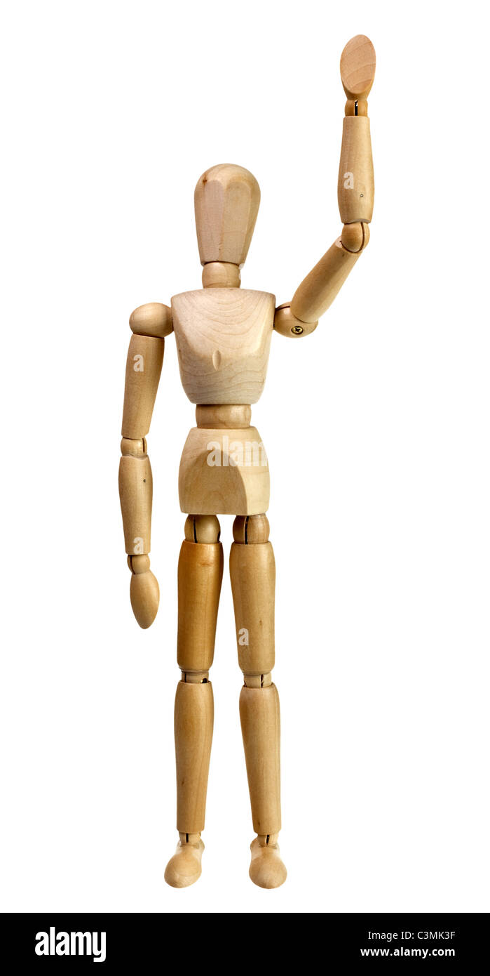 Wooden mannequin raise hand waving isolated on white background Stock Photo