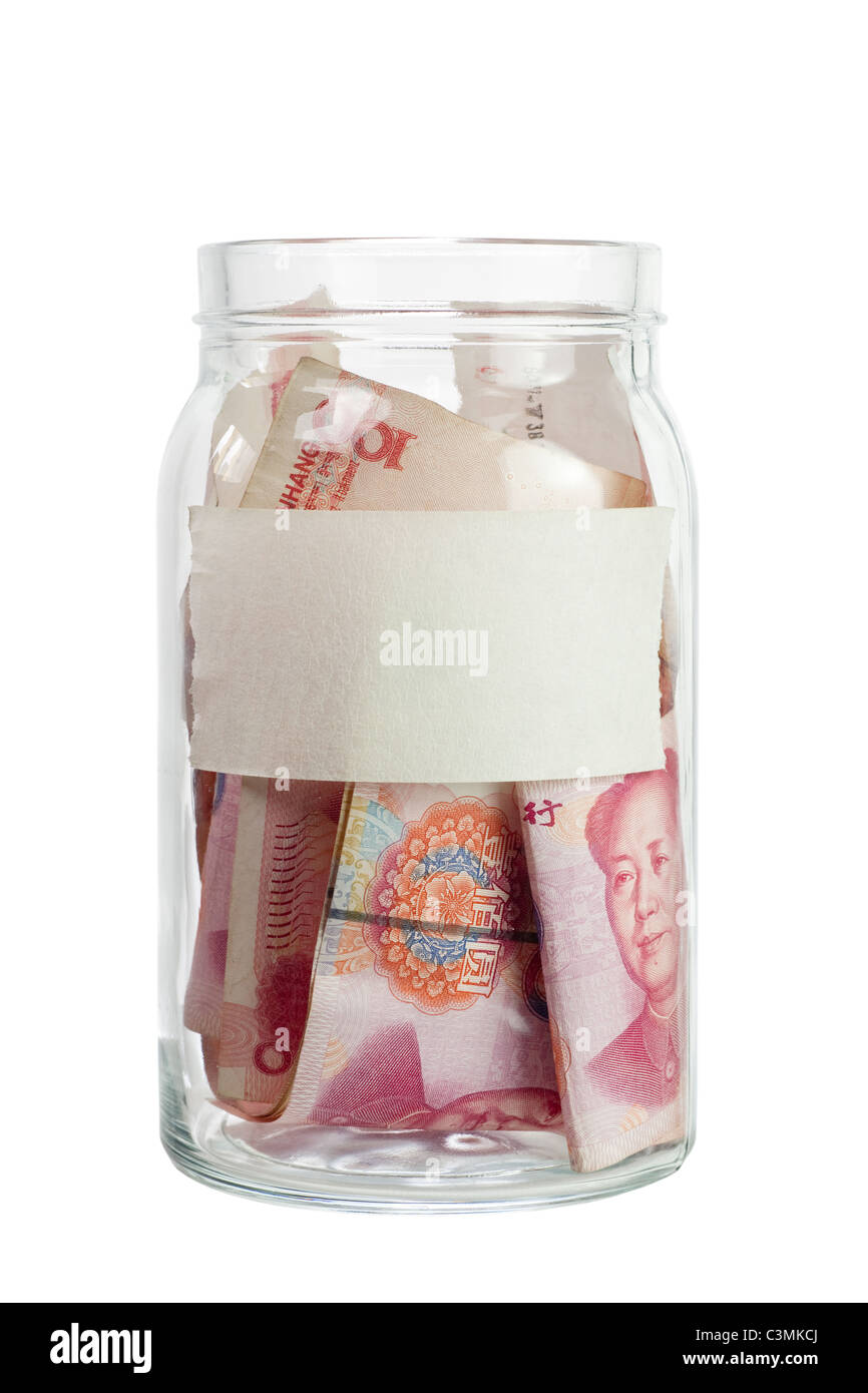 Chinese yuan in a jar with label isolated on white background Stock Photo