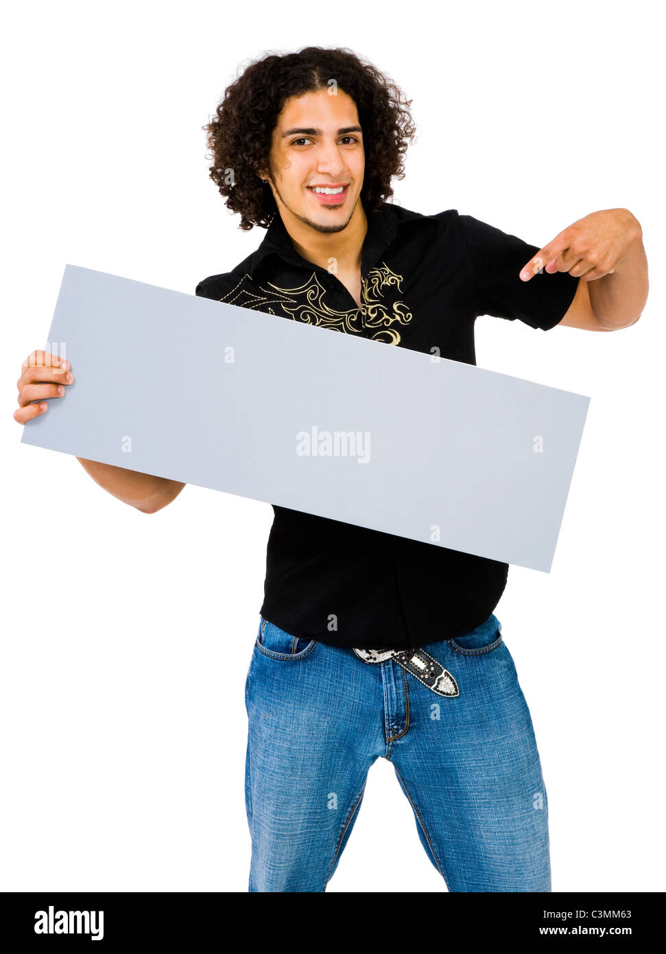 Latin American man showing an empty placard isolated over white Stock ...