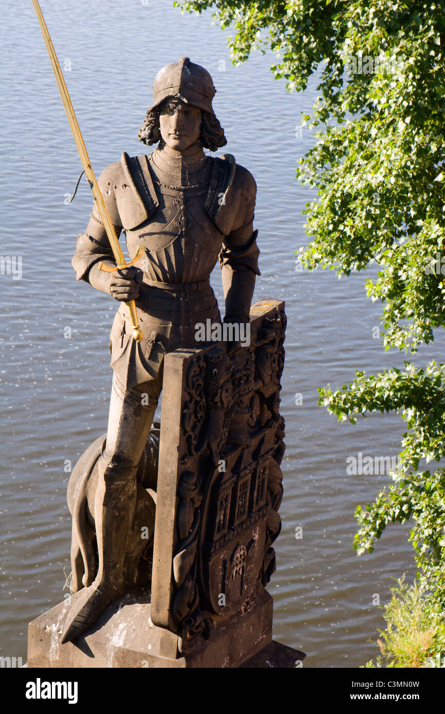 Prague - knight statue from  Charles bridge - Bruncvik Stock Photo