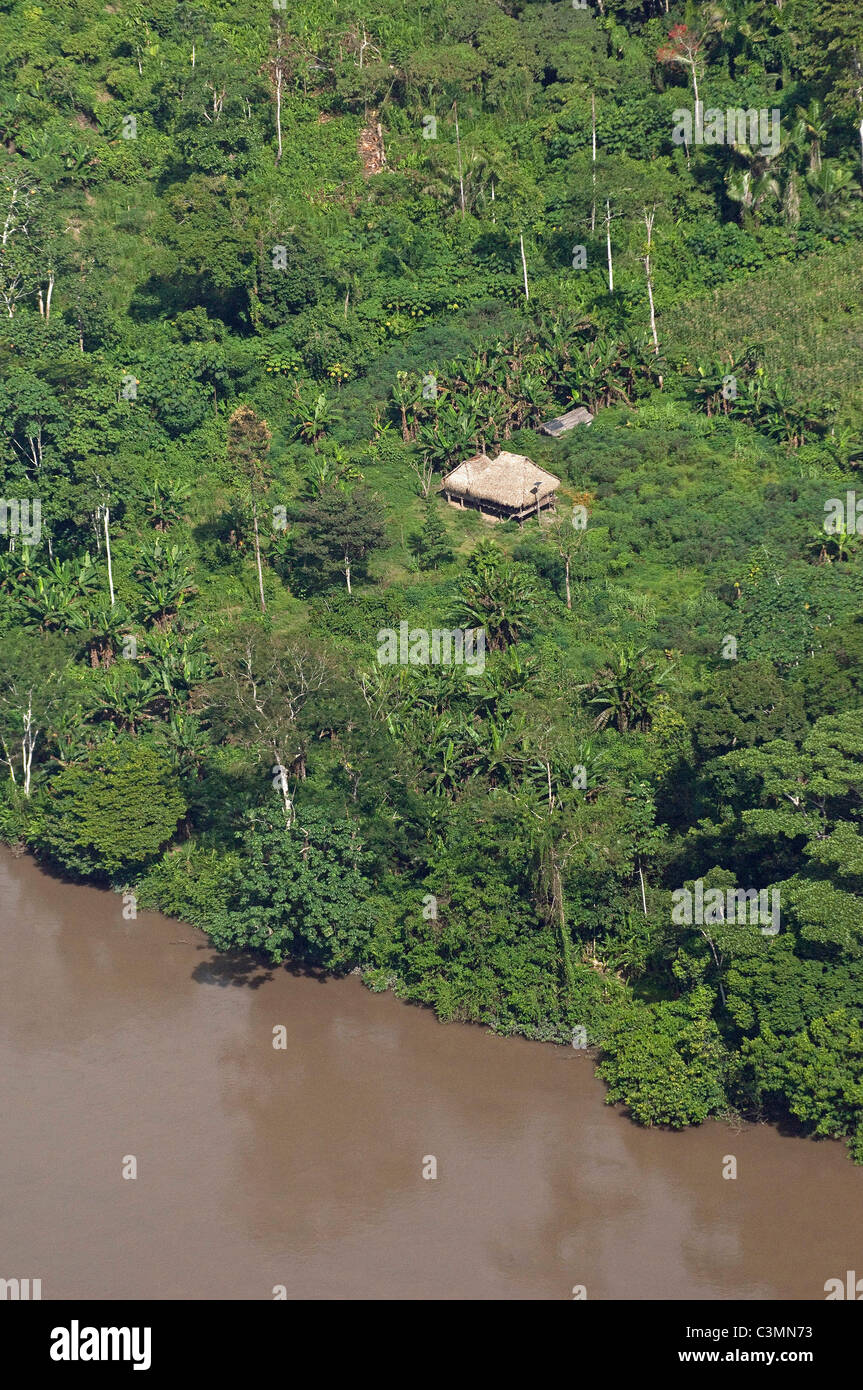 Native Indian house at the Aguarico River in Cuyabeno Reserve, Ecuador Stock Photo