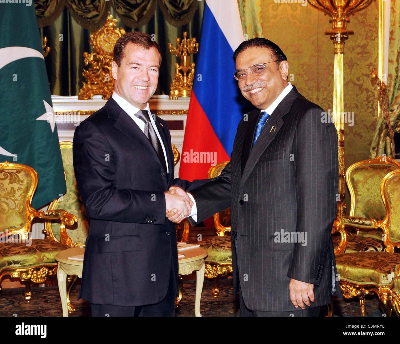 President, Asif Ali Zardari being received by his Russian counterpart, Dimitry Medvedev at Kremlin in Moscow Stock Photo