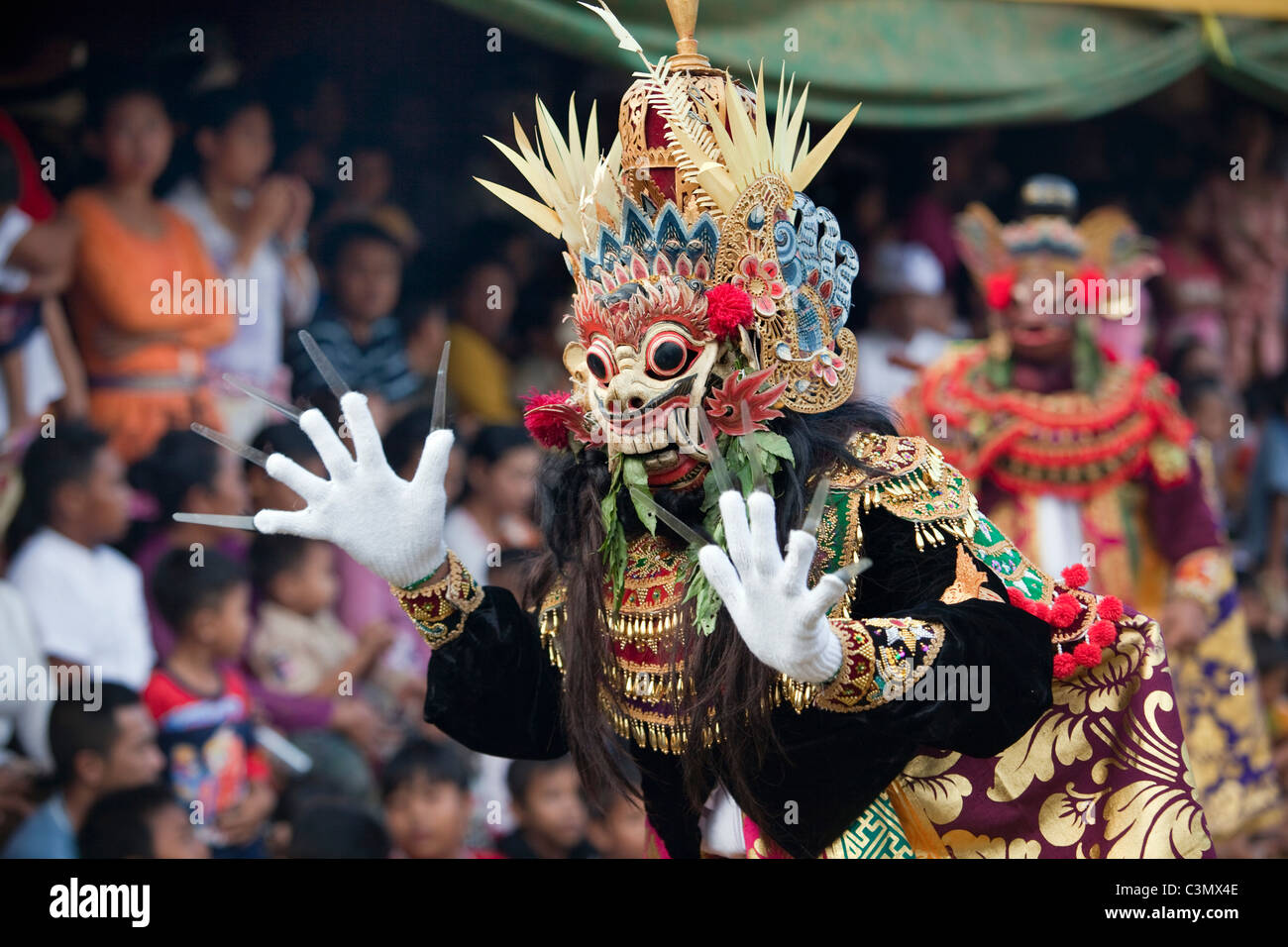 Indonesia, Island Bali, Tejakula village, Pura Maksan Temple. Dance drama with sacred masks called: Wayang Wong. Stock Photo
