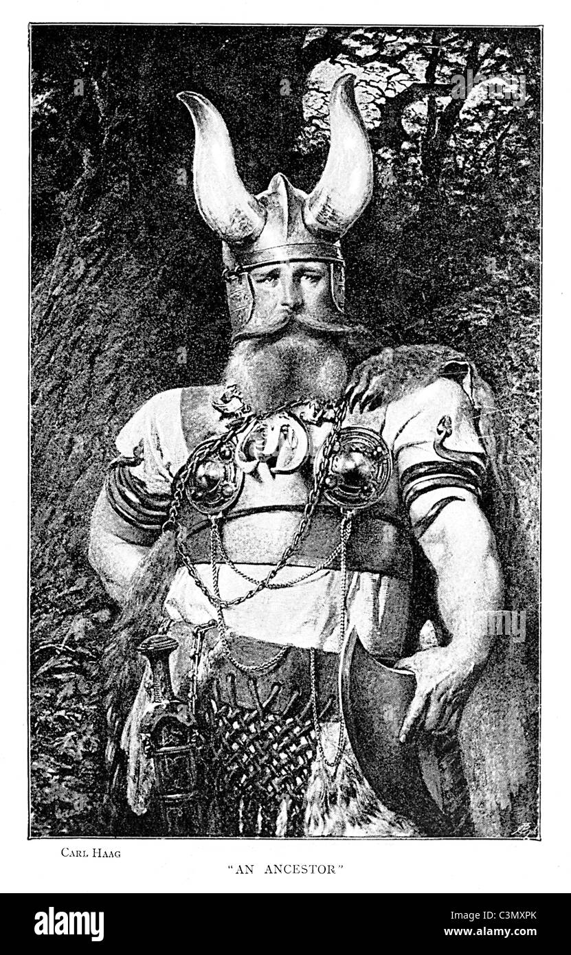 Viking, engraving by Carl Haag of an Ancestor from Denmark, splendidly attired in the full costume of the Nordic raiders Stock Photo