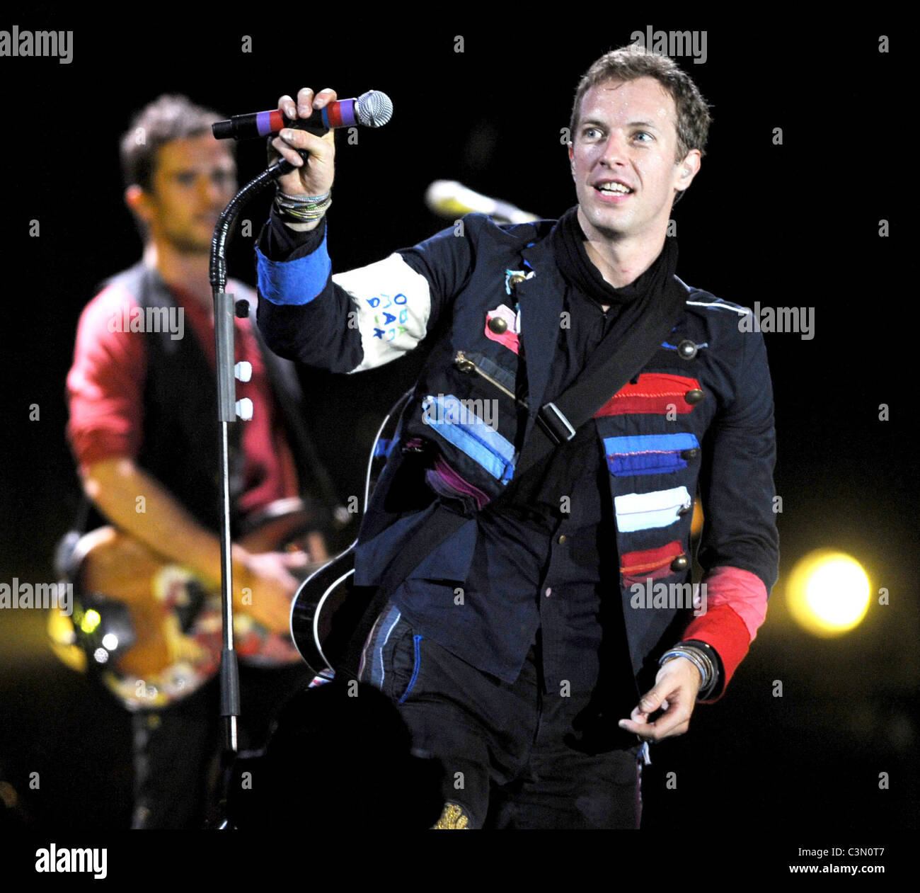 Coldplay performing at a concert during the year of Viva la Vida and All His Friends release