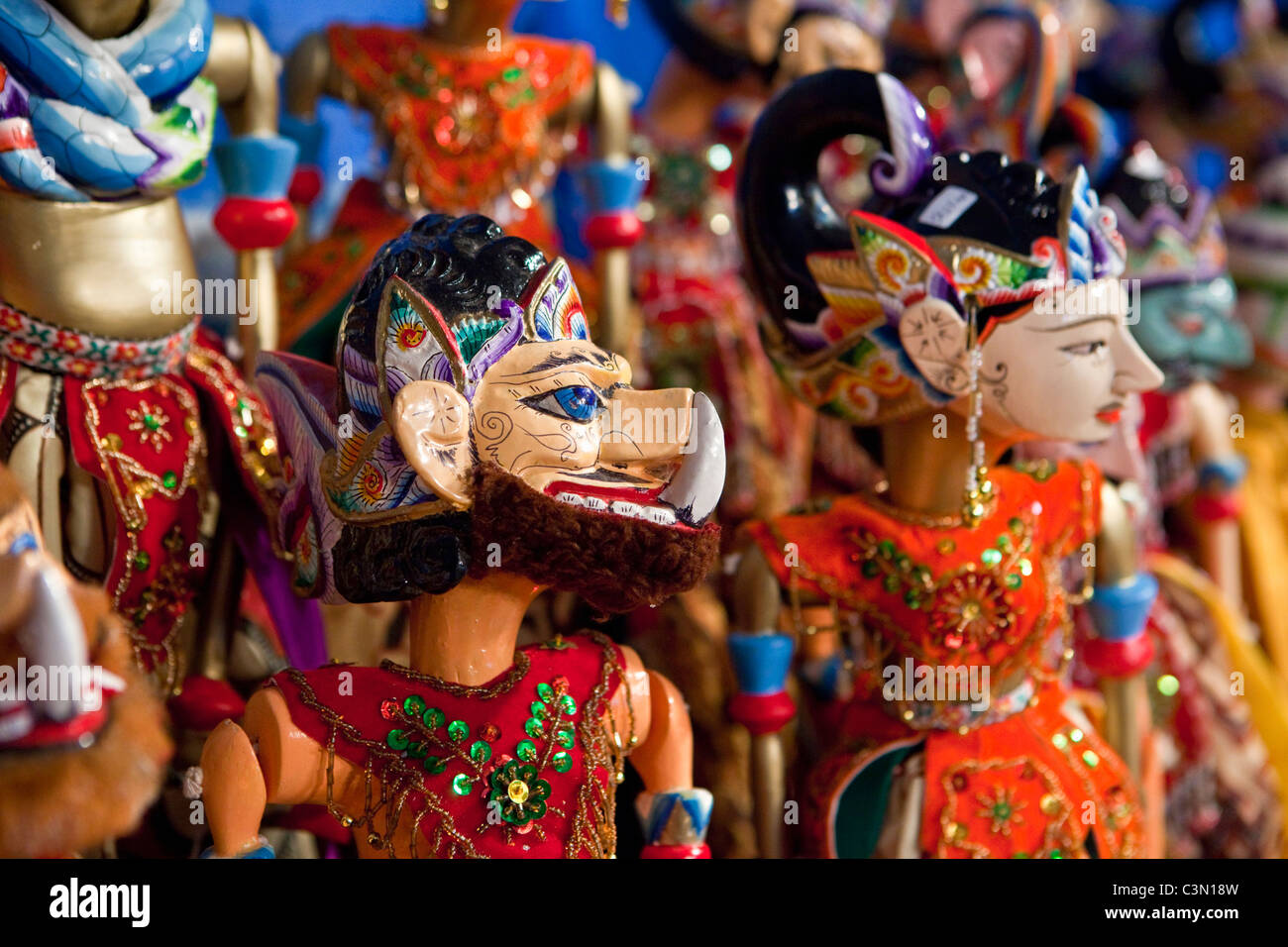 Indonesia, Jakarta, Wooden puppets used to perform the Wayang Golek theatre. Stock Photo
