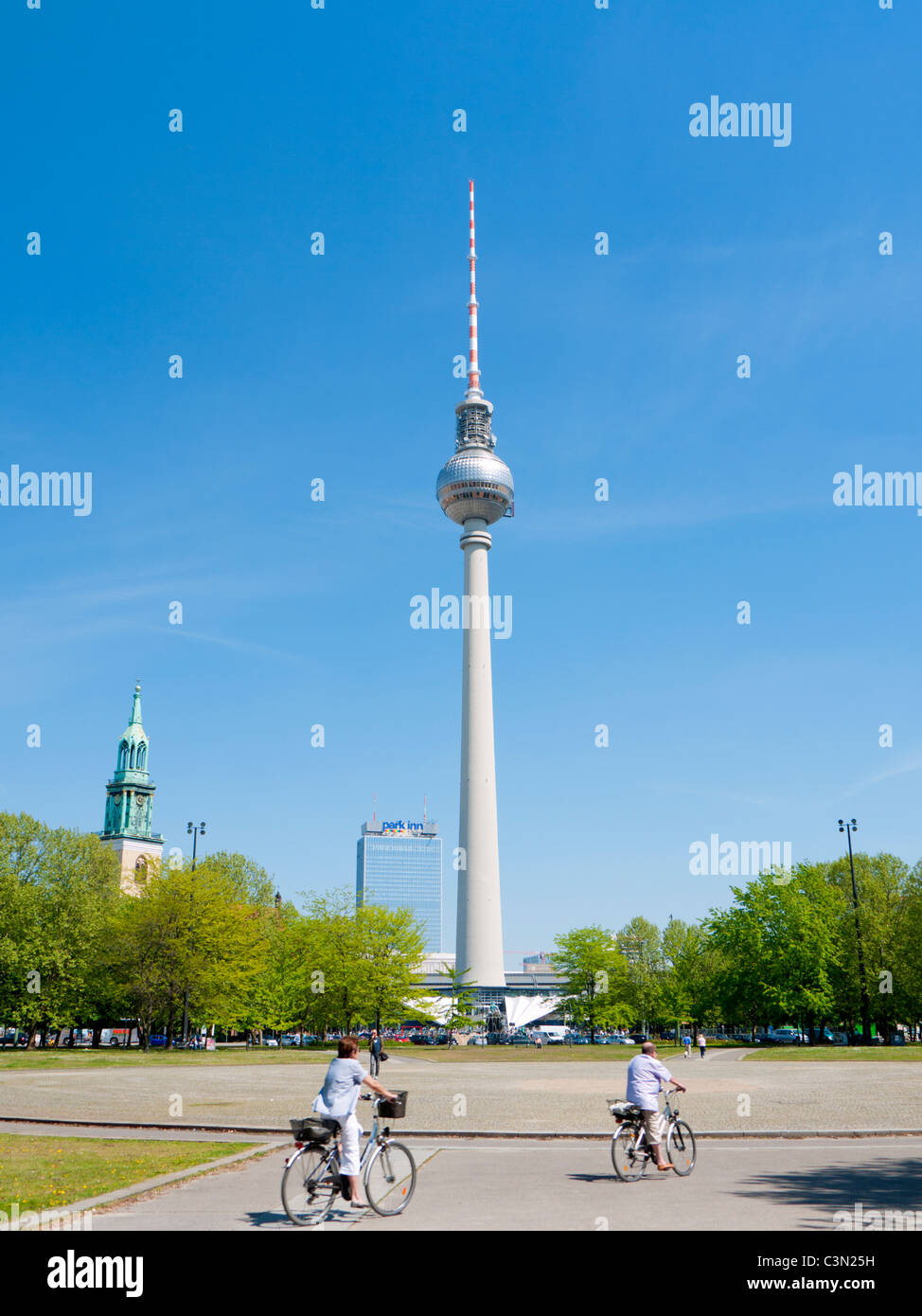 View of TV Tower or Fernsehturm in Mitte district of Berlin Germany Stock Photo