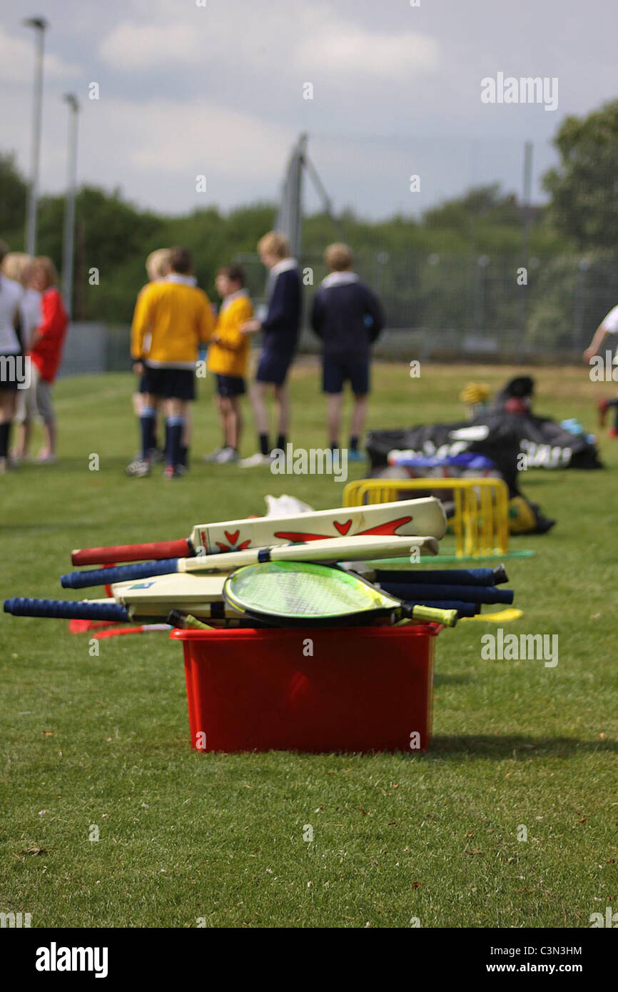 Sports equipment ready for a physical education lesson Stock Photo