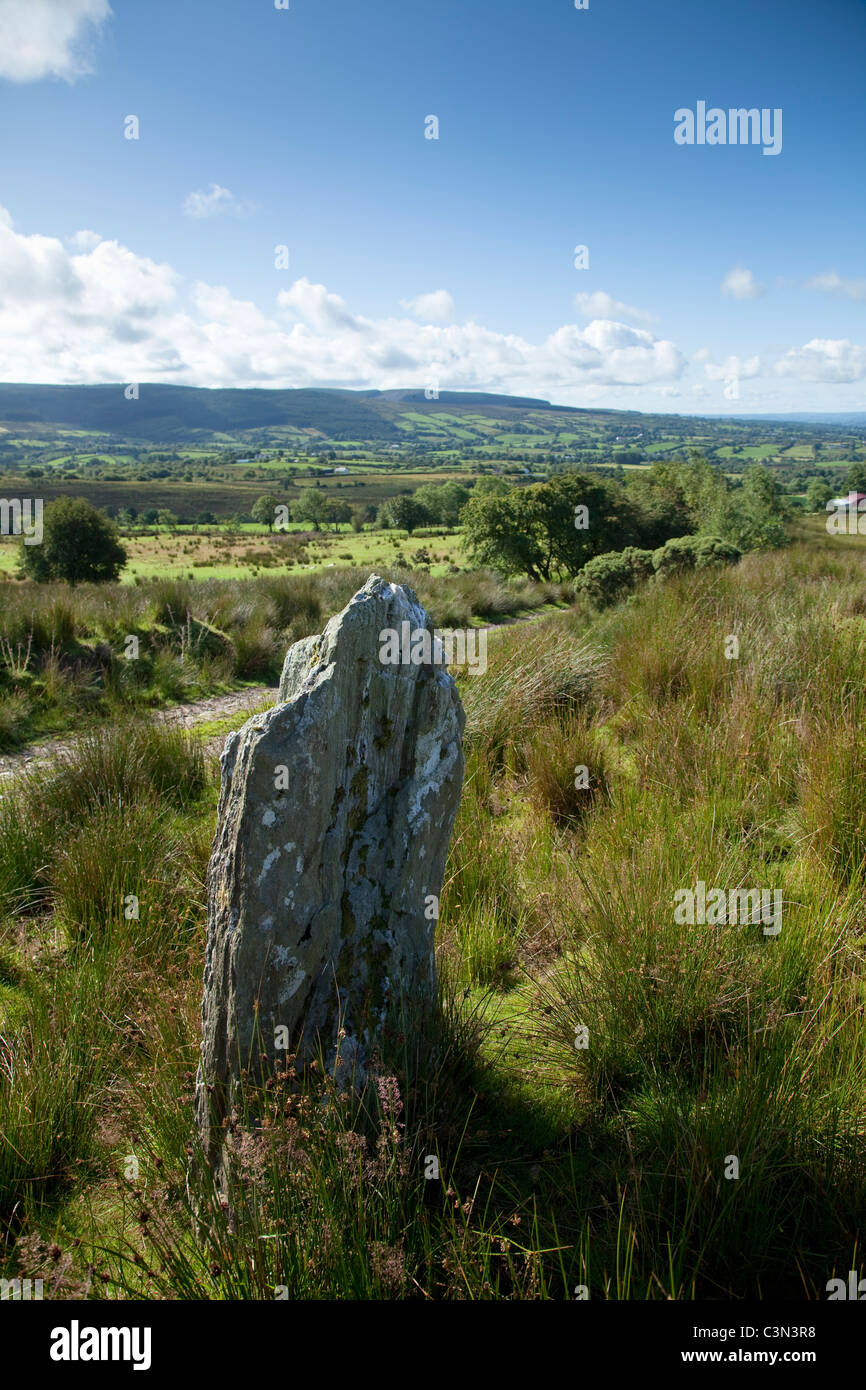 Standing stone near Eskradooey, Robbers Table, County Tyrone, Northern Ireland. Stock Photo