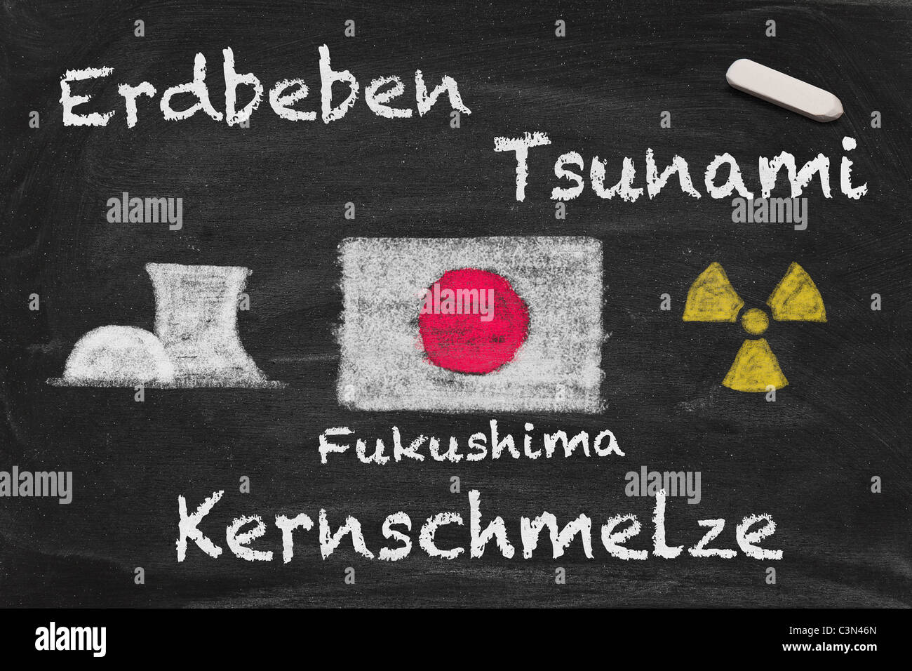 High resolution image with German chalk lettering about Fukushima meltdown. Stock Photo