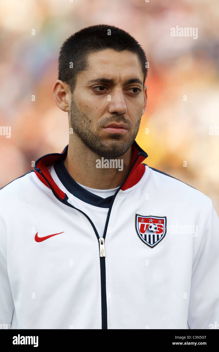 Clint Dempsey of the United States stands during team introductions prior to a FIFA World Cup Group C match against Algeria. Stock Photo