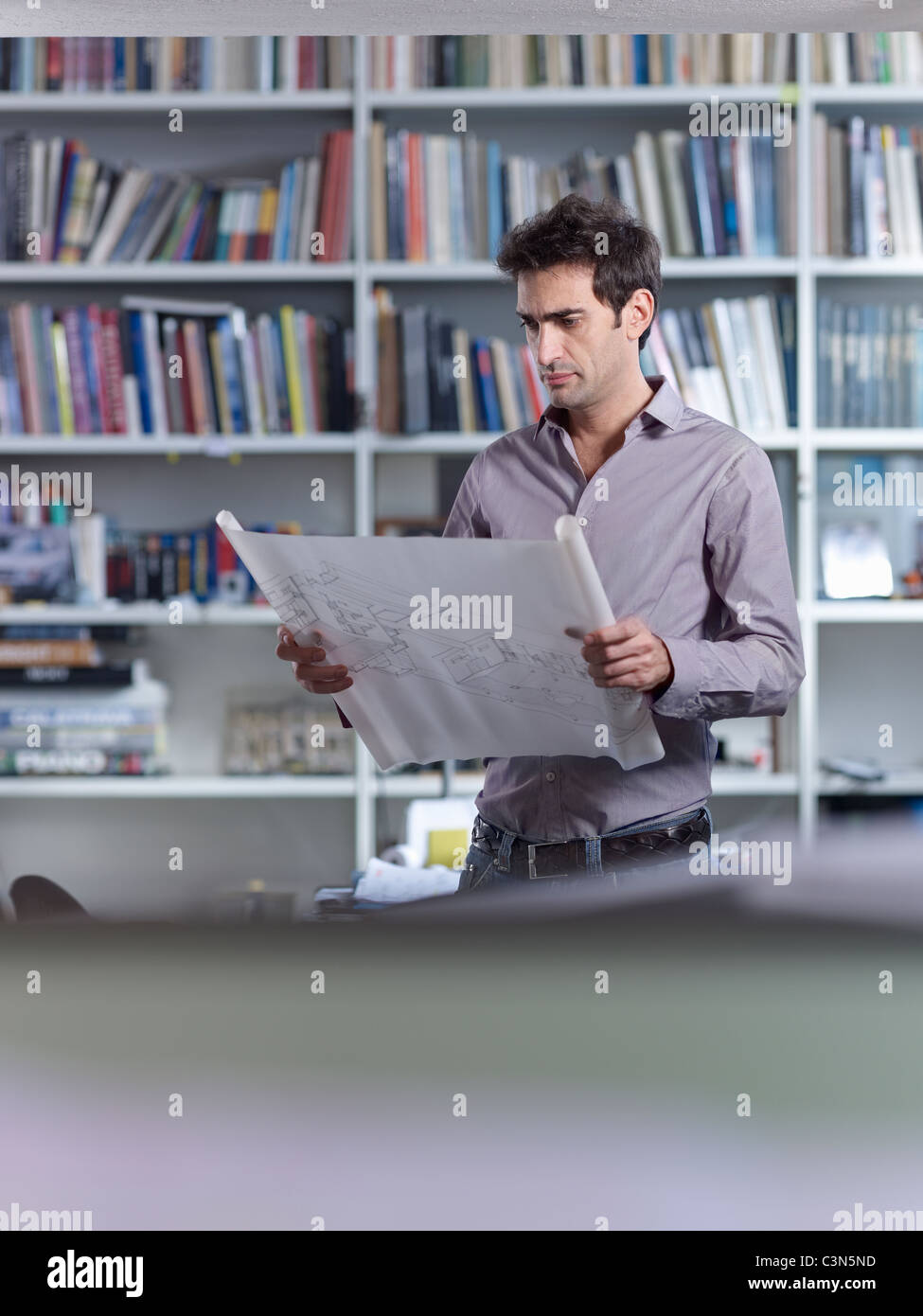 Architect concentration on plans Stock Photo