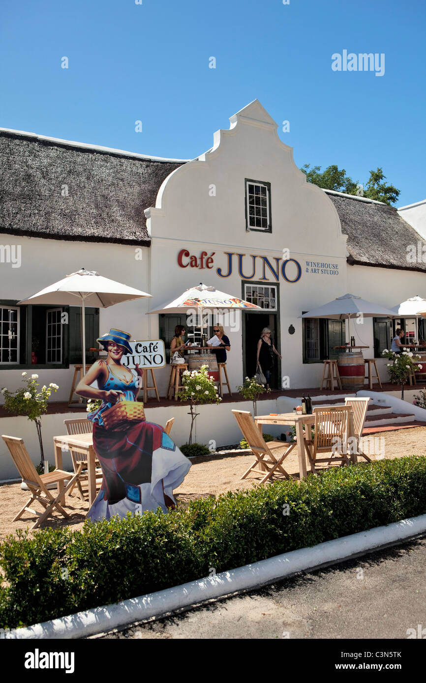 South Africa, Western Cape, Paarl, Juno Wine Company, including Cafe and outdoor terrace, Cape Dutch architecture. Stock Photo