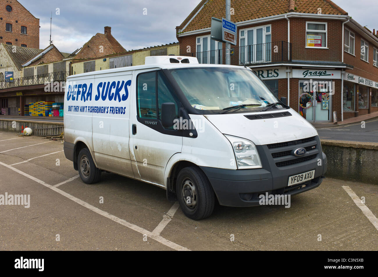 a van written with a protest against DEFRA Stock Photo