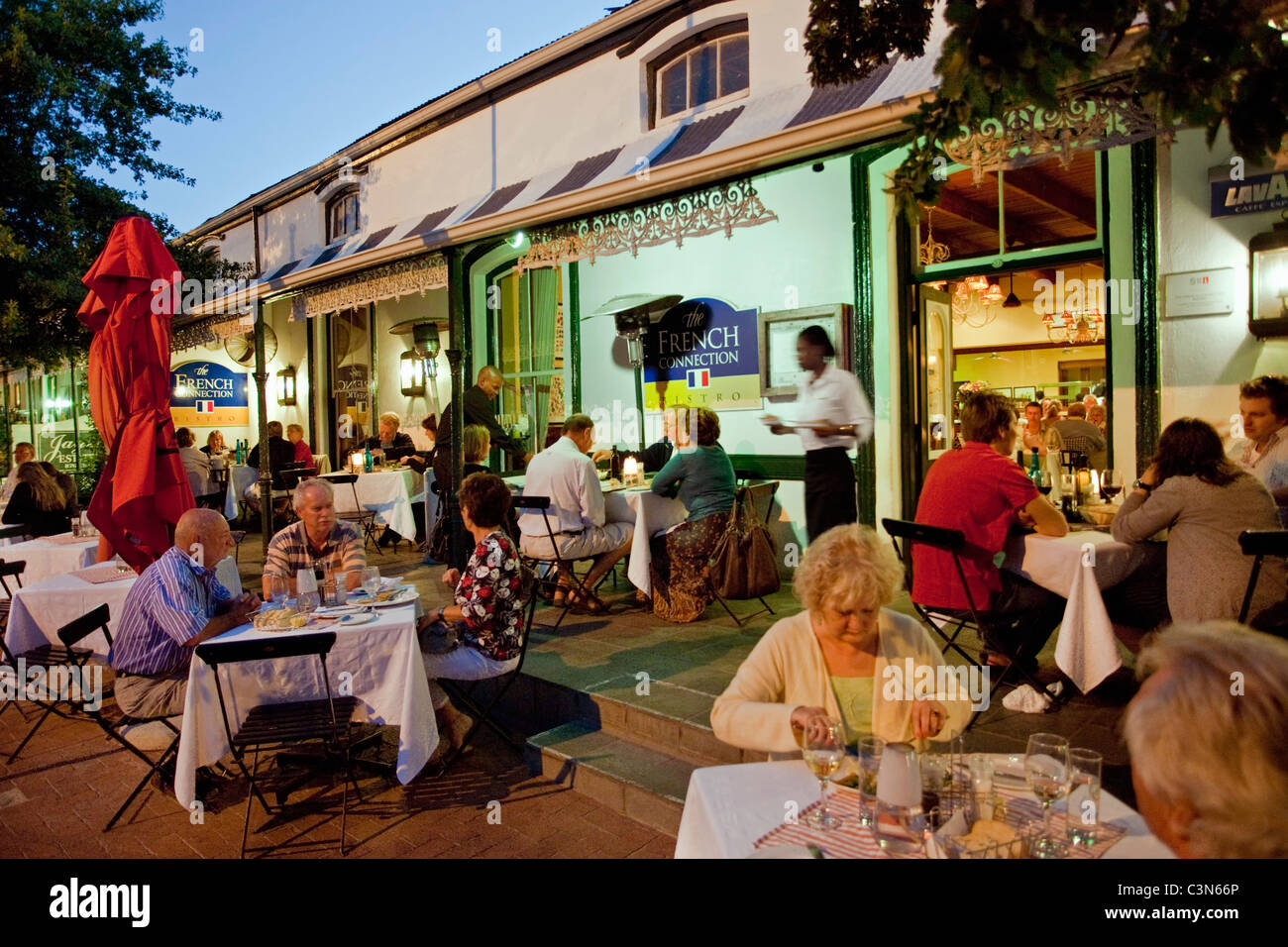 South Africa, Western Cape, Franschhoek, Restaurant The French Connection. Outdoor terrace. Stock Photo