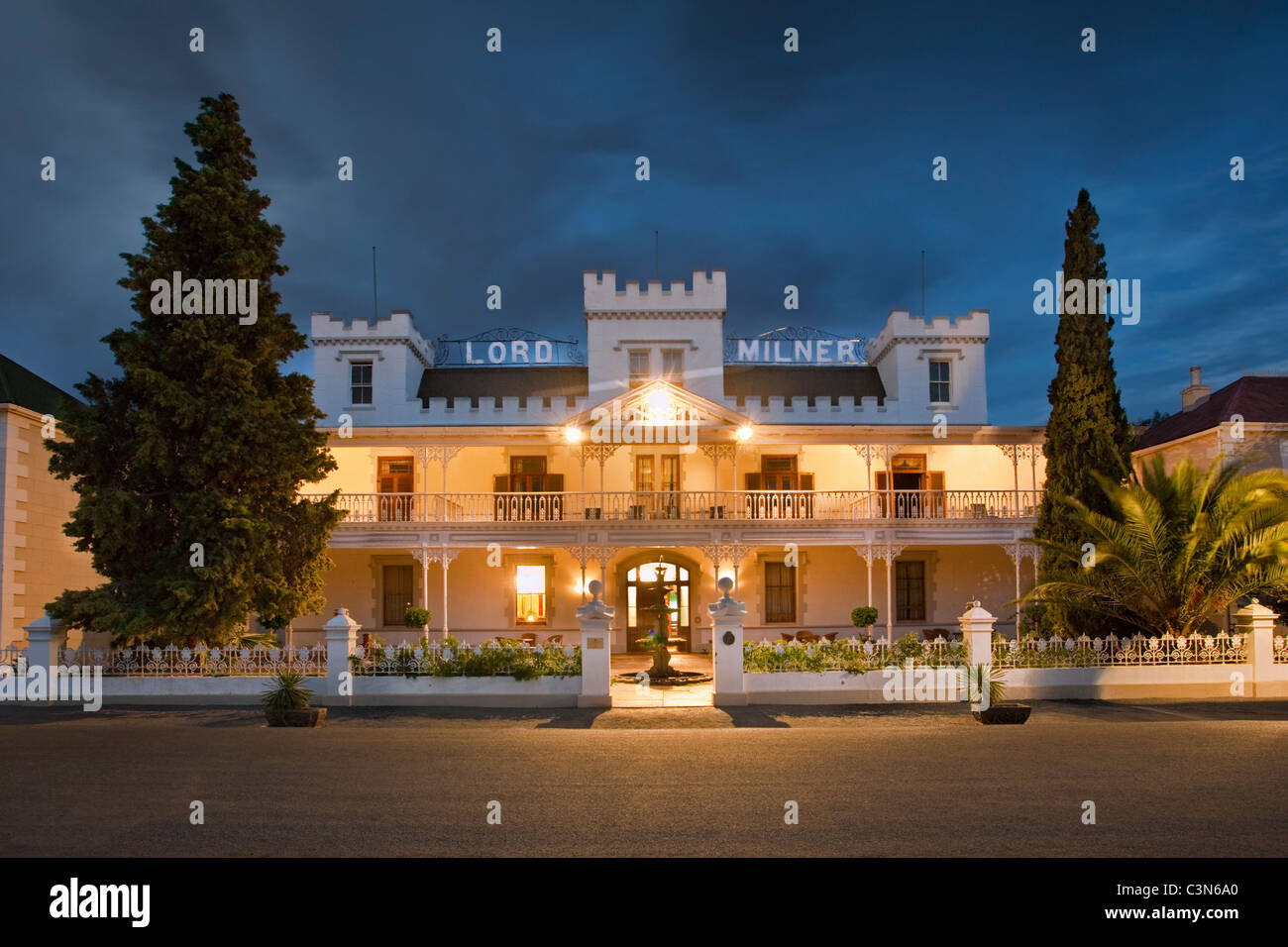 South Africa, Western Cape, Matjiesfontein, Historic Victorian village and railway station. Front of Lord Milner Hotel. Stock Photo