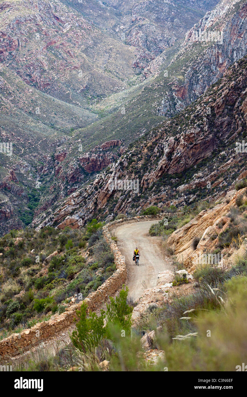 South Africa, Western Cape, Prince Albert, Swartberg Pass. cyclist. Stock Photo