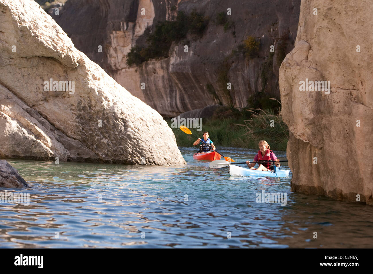 Fall kayaking on the Pecos River in southwestern Val Verde County, Texas. Stock Photo