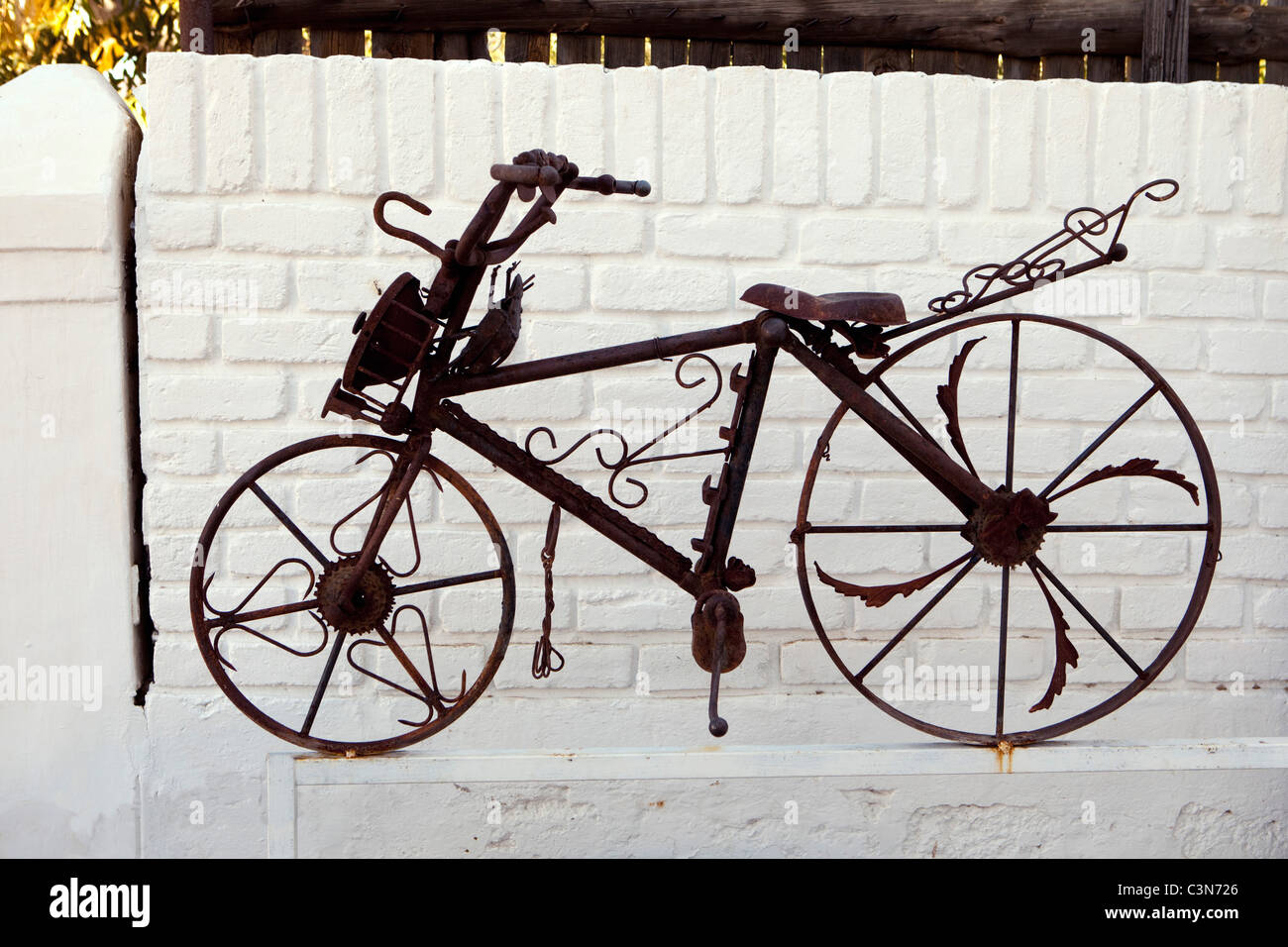 South Africa, Western Cape, Prince Albert, Artwork: bicycle from rusty iron from artist Kevin Hough. Stock Photo