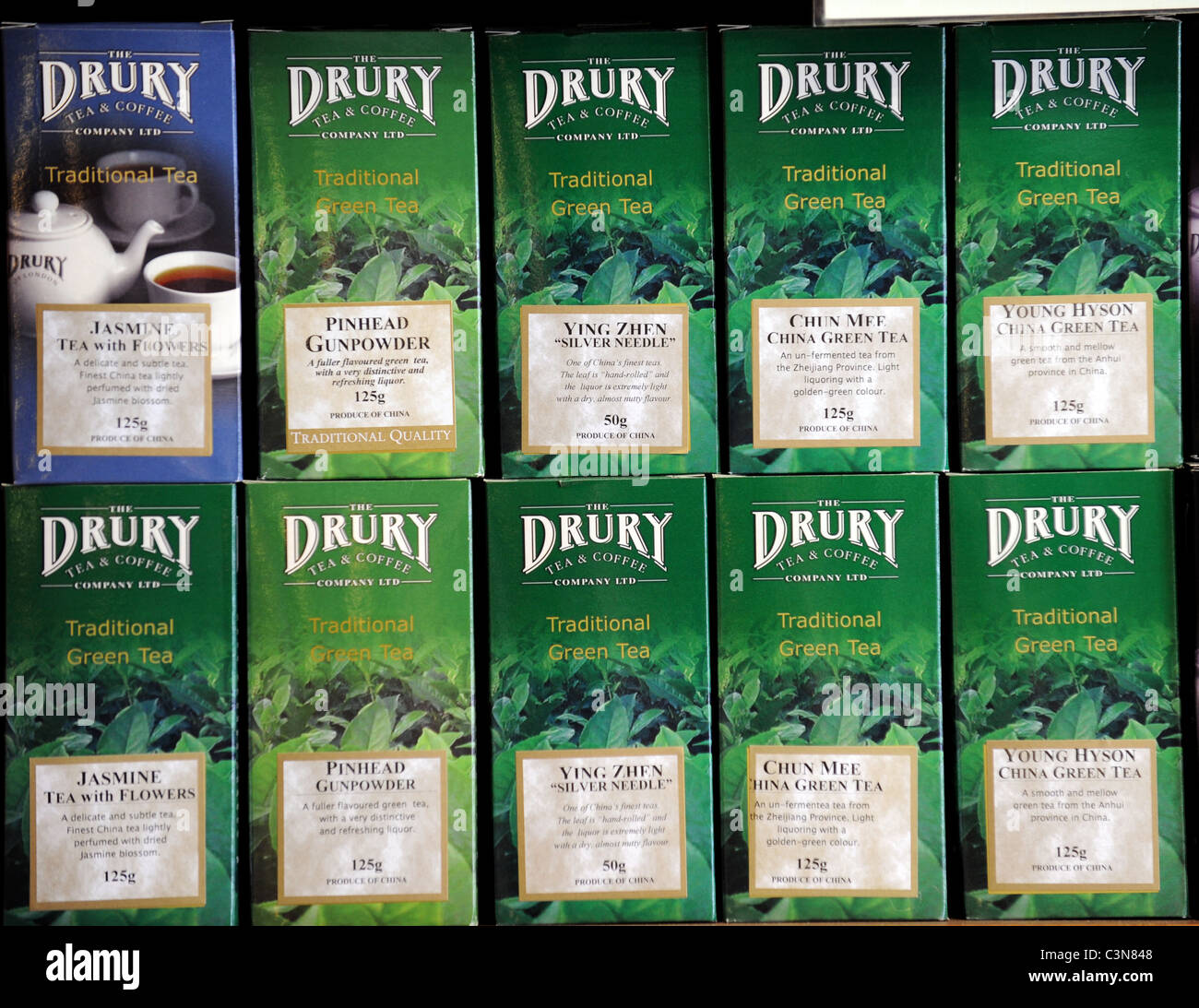 Rows of Drury Tea and Coffee Company teas on a shelf Stock Photo Alamy