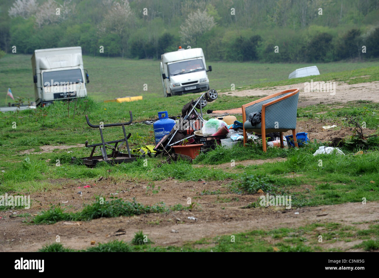 Rubbish left by travellers after they got evicted from a site in East Sussex Stock Photo