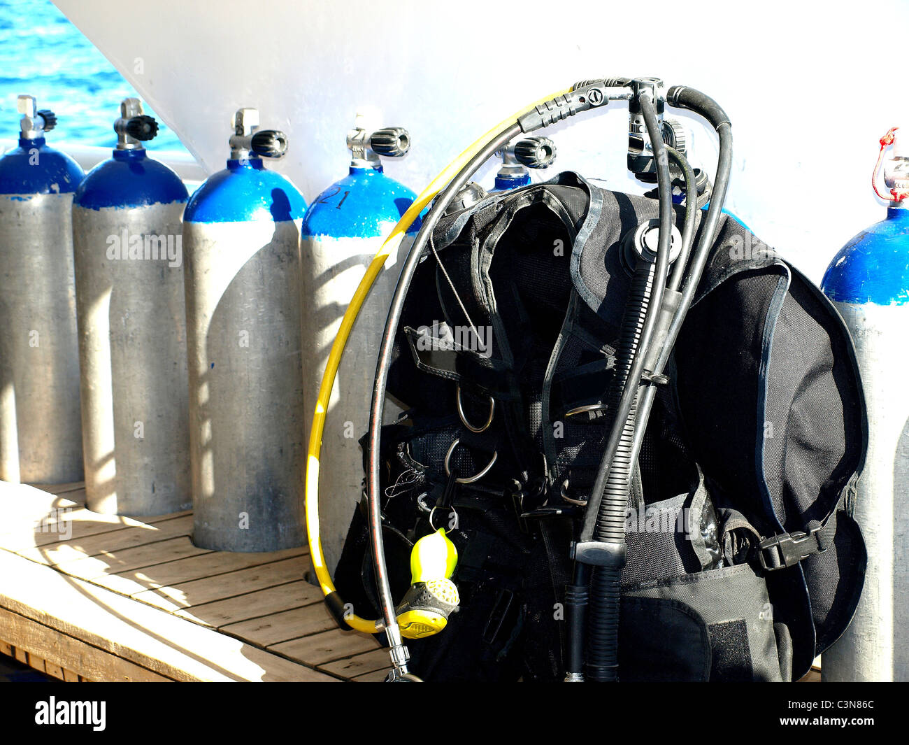 Scuba tanks on a boat Stock Photo Alamy