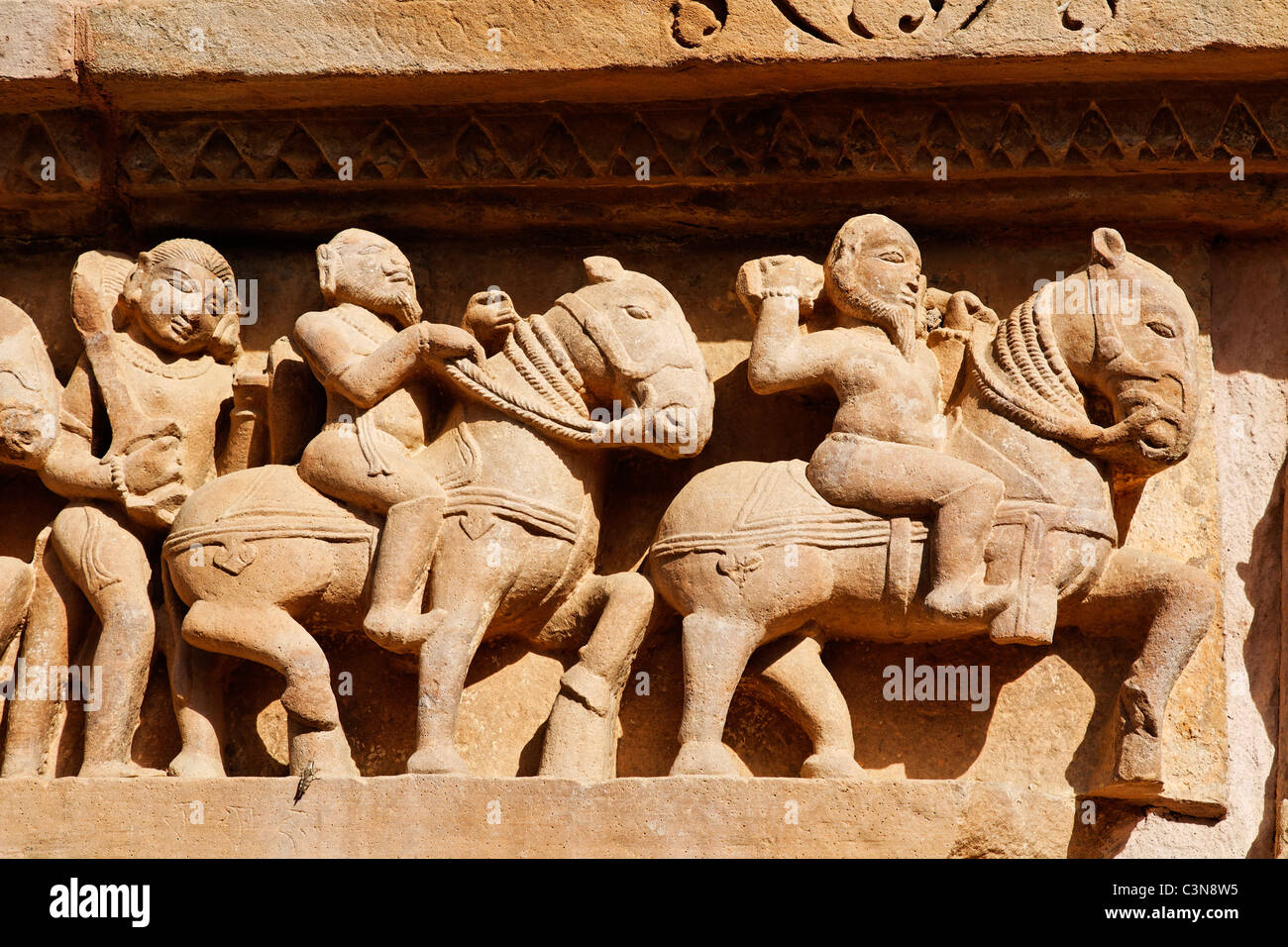 India Madhya Pradesh Khajuraho sculpture of horsemen on the