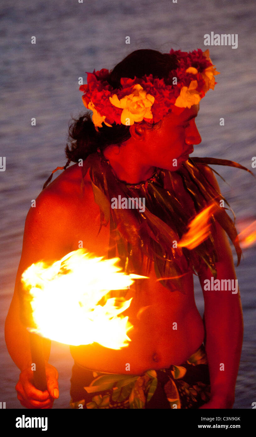 Traditional Fire dancer performing. Shangri-La Resort, Coral Coast, Viti Levu Island, Fiji Stock Photo