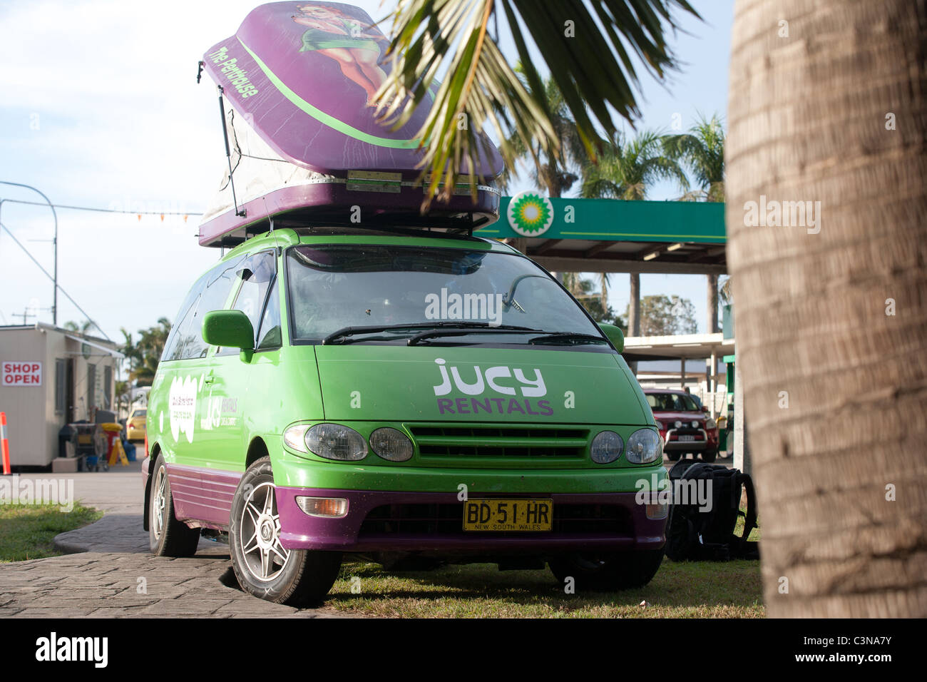 Jucy campervan parked at petroleum station. Queensland, Australia. Stock Photo