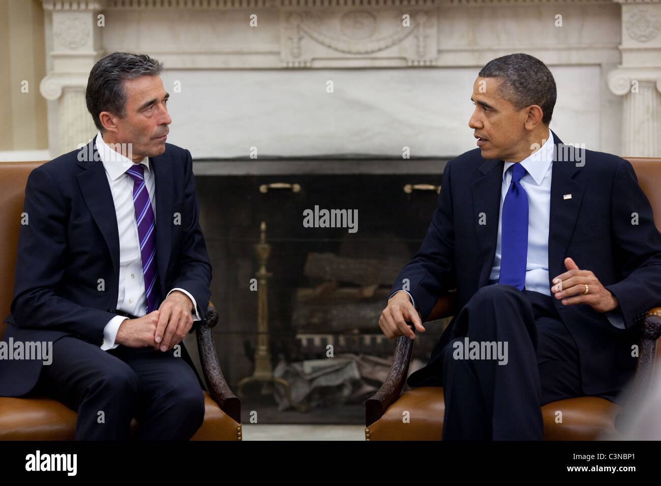 President Barack Obama meets with NATO Secretary General Anders Fogh Rasmussen in the Oval Office, May 13, 2011. Stock Photo
