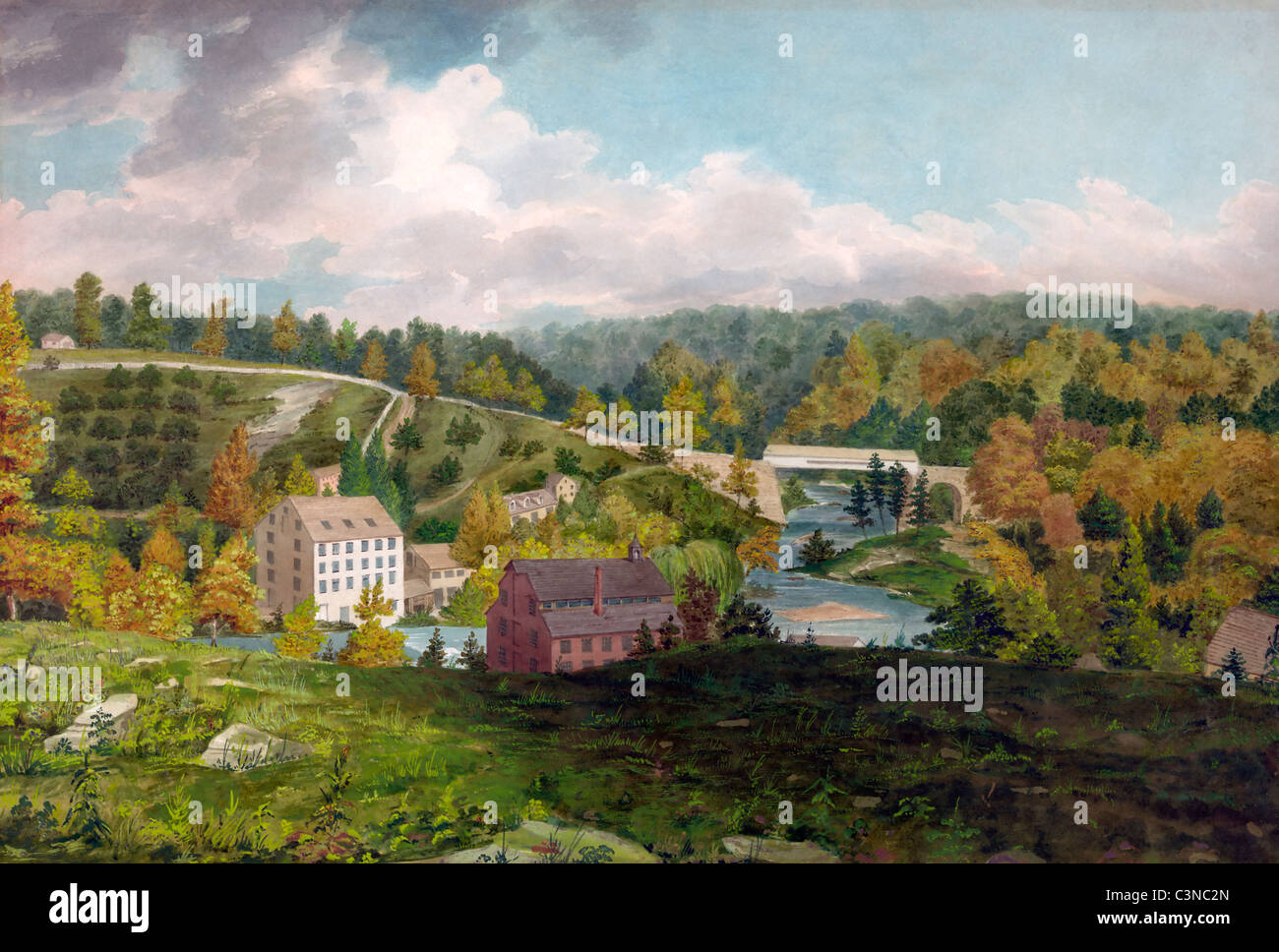 Mill on the Brandywine, Delaware, USA, pen and watercolor, circa 1828 Stock Photo