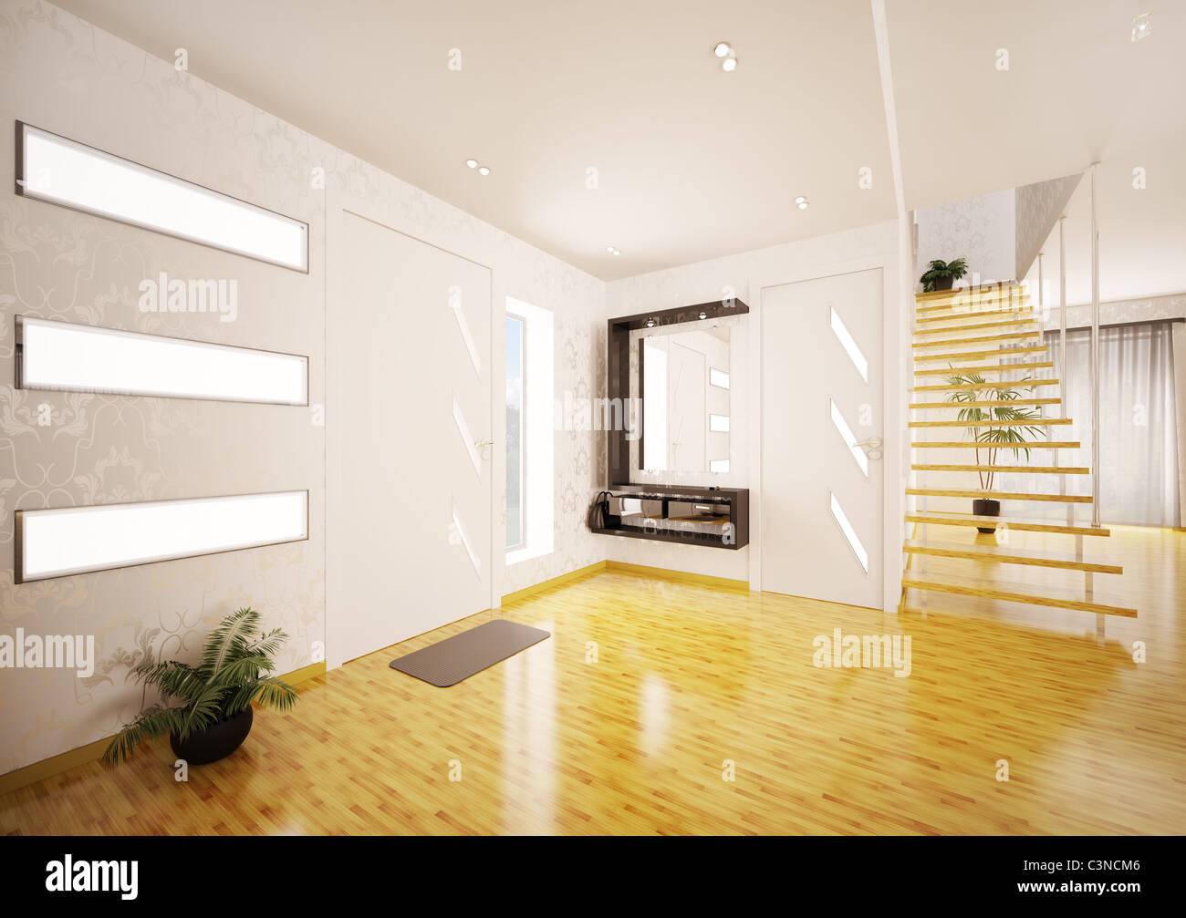 Modern interior design of entrance hall with staircase 3d render Stock ...