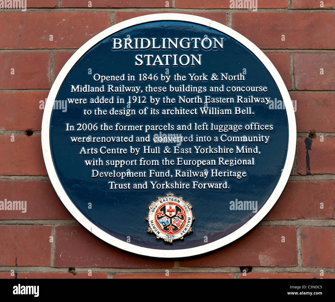 Blue Plaque, Bridlington Railway Station, Bridlington, Yorkshire, England, UK. Stock Photo