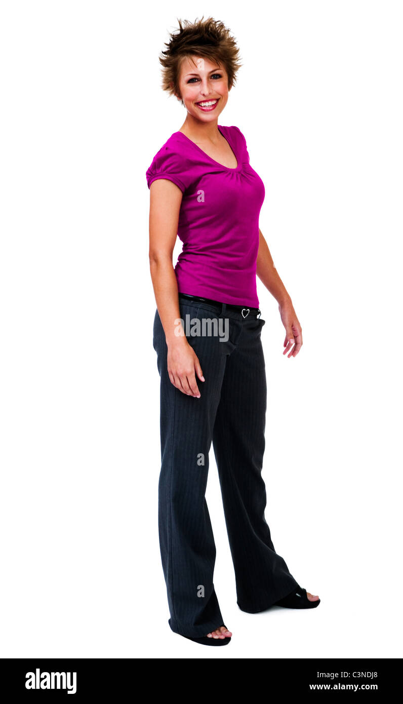 Portrait of a young woman posing and smiling isolated over white Stock ...