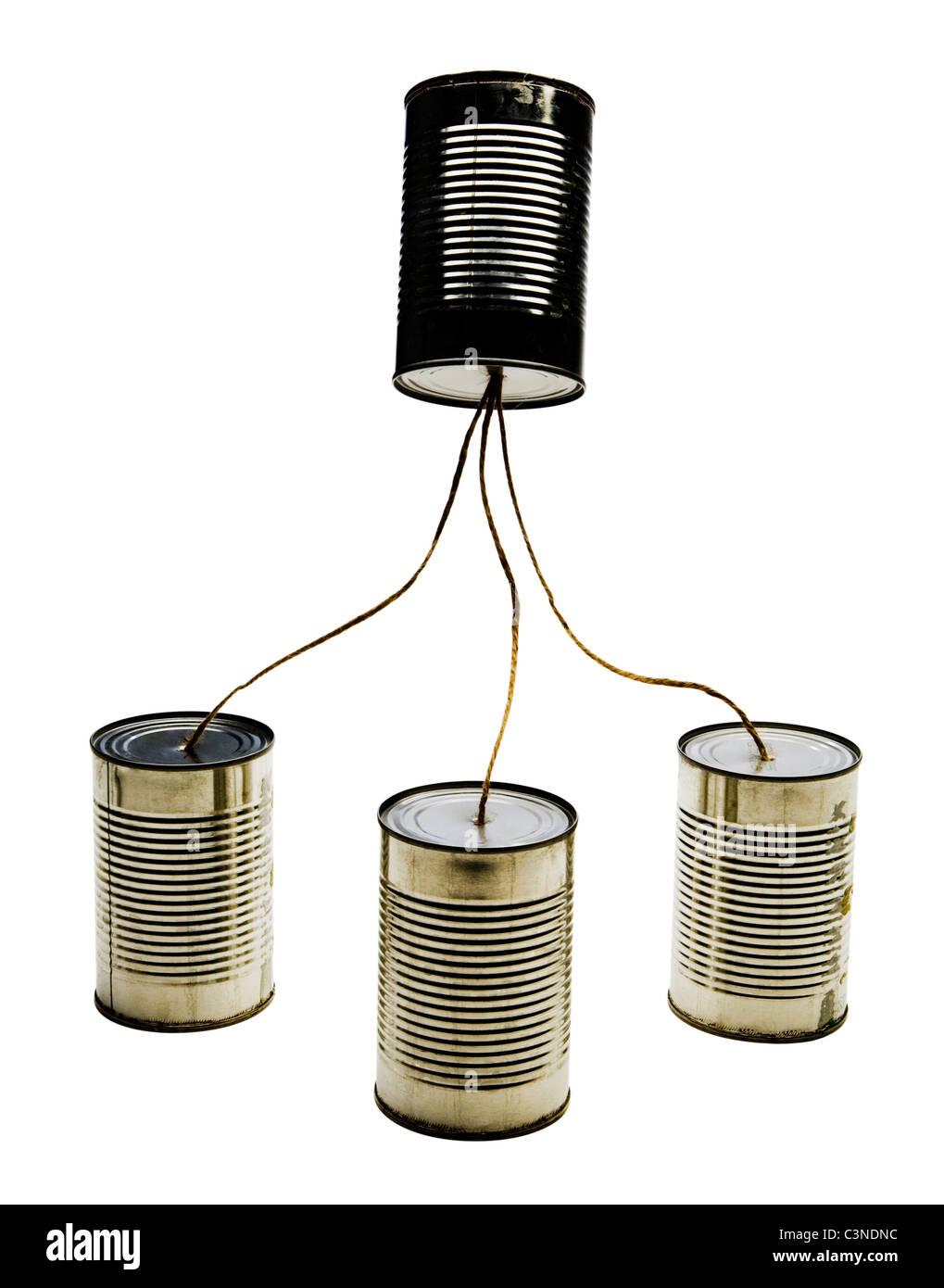 Four tin can phones isolated over white Stock Photo Alamy