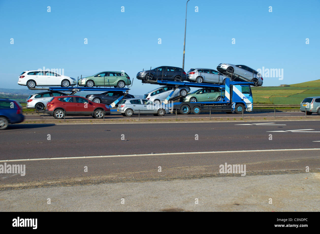 car transporter on motorway Stock Photo