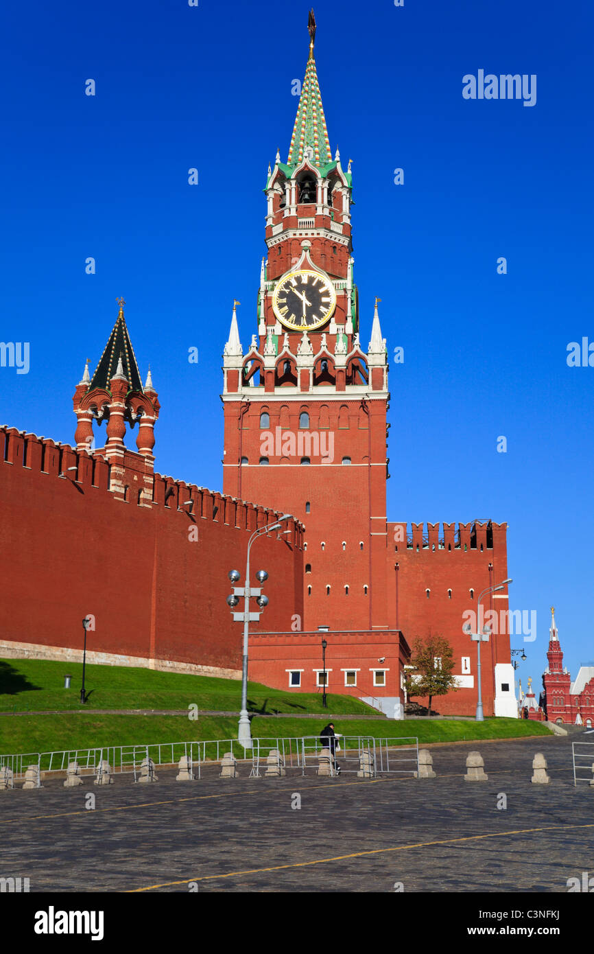 View of a Spasskaya tower from Vasilevskiy slope. Red Square, Moscow, Russia. Stock Photo