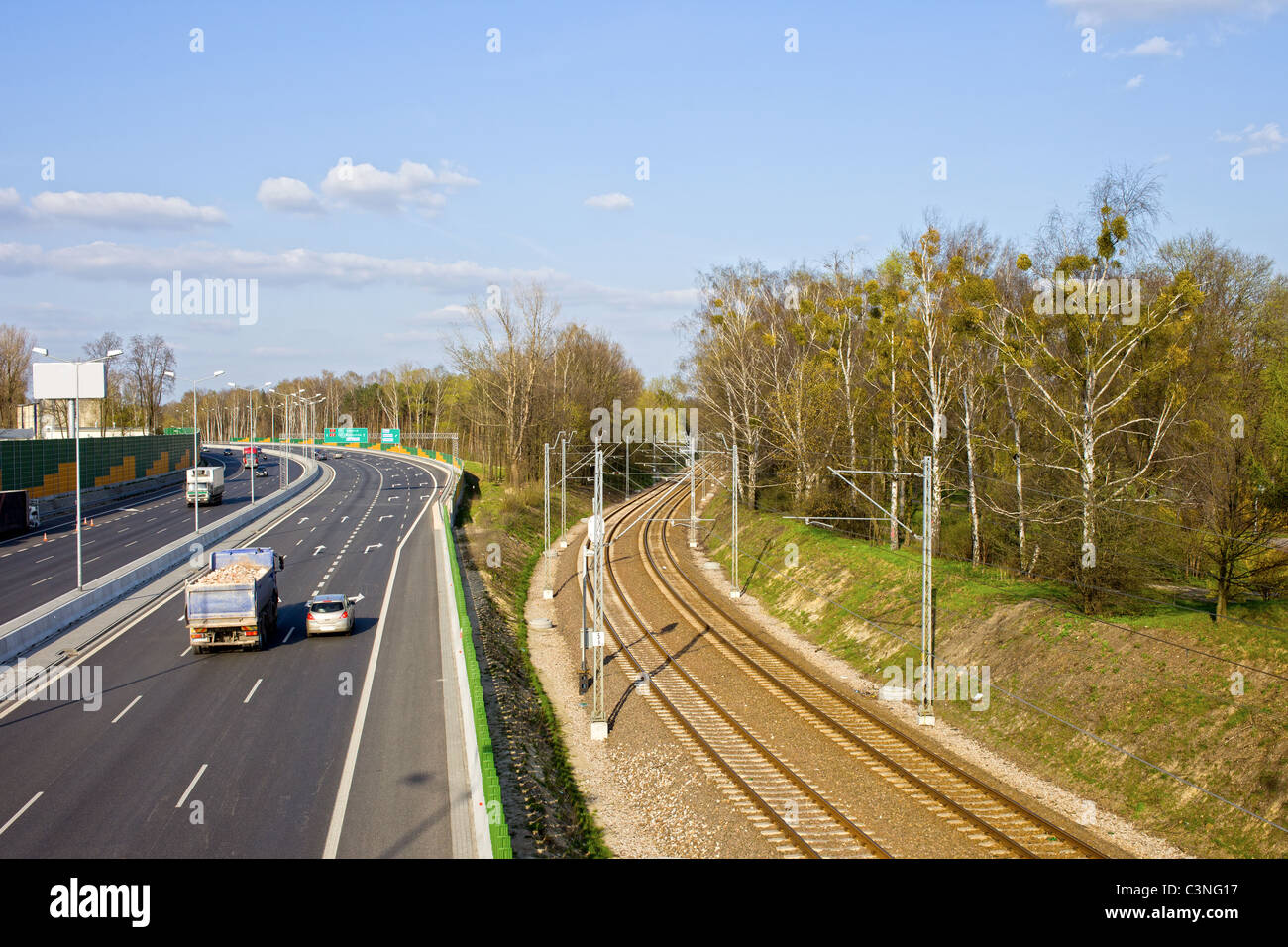 Motorway and railroad urban infrastructure scenery in Warsaw, Poland ...